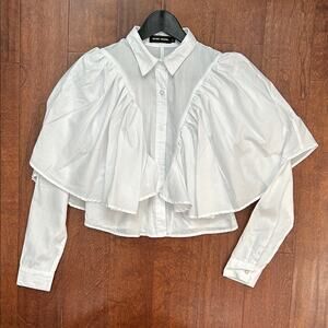 Khosi Nkosi African Elevated White Button Down Top with Ruffles, Size Small
